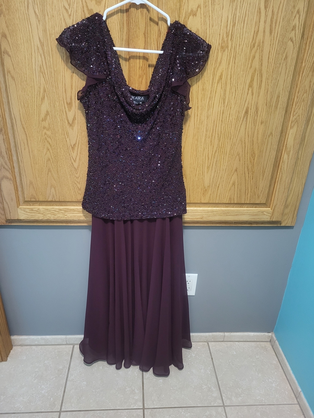 J Kara Beaded Plum Midi Dress with Cowl Neckline